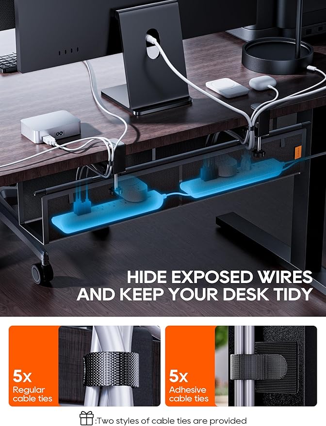 Under Desk Cable Management Tray No Drill, Cable Ties Included, Eco-Friendly Canvas Material, Mesh Design for Heat Dissipation, Cable Organizer/Storage for Standing Desk(27inch, Black)