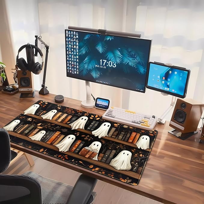 Cute Ghost Desk Mat Bookish Desk Pad XXL Mouse Keyboard Pad, Dark Academia Desk Pad Medieval Flower XXL Mousepad Extended Laptop Computer Keyboard Mat with Stitched Edges Funny Deskpad 31.5x15.7 in