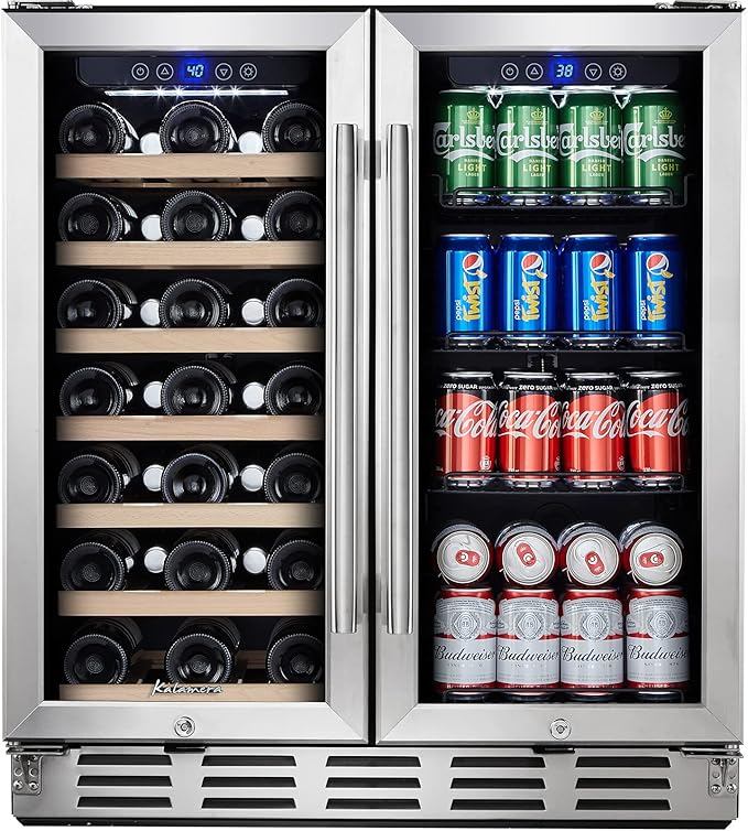 Kalamera Wine and Beverage Refrigerator, 30 inch Wine Fridge Dual Zone Hold 33 Bottles and 96 Cans, Digital Touch Control, Built-In or Freestanding