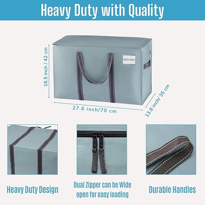 VENO 2 Pack Moving Bags, Heavy Duty, Moving Boxes Alternative, Packing Storage Supplies for Dorm Room Essentials with Zipper for Clothes, Extra Large Totes for Packaging (Light Blue Matte, 2 Pack)