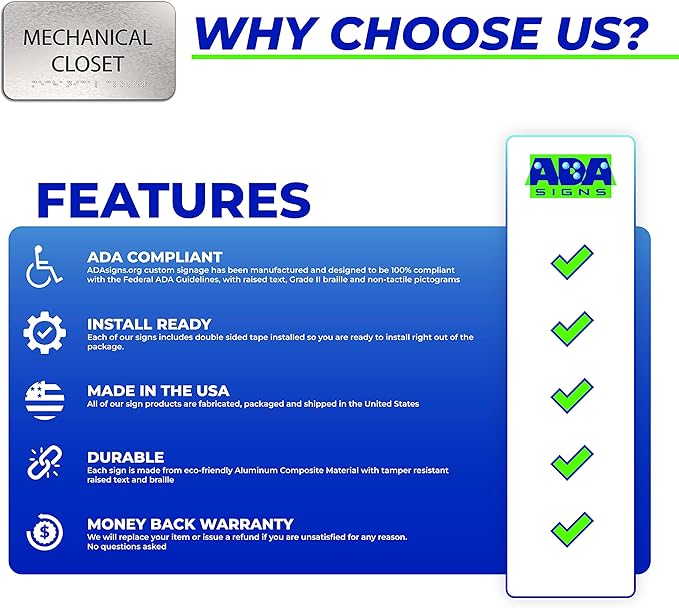 ADASigns Mechanical Closet Sign 7" W x 4" H - Durable Brushed Aluminum with Grade 2 Braille - Easy Installation with Strong Double-Sided Tape - ADA Compliant Office Door Signs for Businesses & Offices