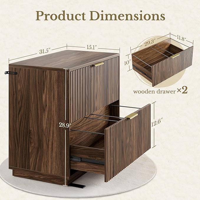 2 Drawer Fluted File Cabinet, 32'' Lateral File Cabinet for Legal/Letter/A4/F4 Size Hanging Files, Wood File Storage for Home Office, Black Walnut