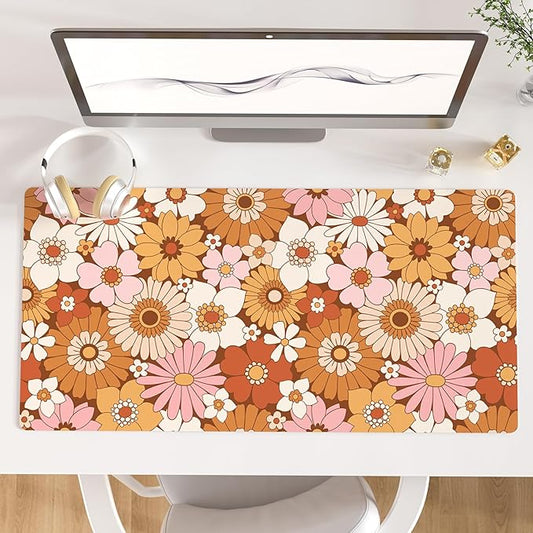 Colorful Star Large Mouse Pad, PU Leather Waterproof Desk Mat, Computer Gaming Mouse Pad, XXL Full Desk Mousepad Non Slip Desk Pad for School Office Home 31.5" x 15.7" - Retro Flowers
