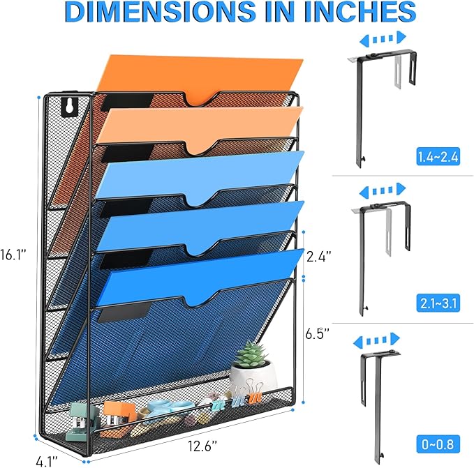 Wall File Organizer, 6 Pockets Mesh Hanging File Organizer, Wall Mount File Paper Folder Holder With Hooks, Wall Organizer Magazine Document Mail for Office School, Black