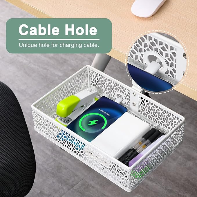 ROSYLIN Heavy Duty Clamp On Under Desk Drawer Organizer Storage Tray Basket with Non-Slip Pad Hanging Mount for Home Office Studio Bedroom or Dorm (white)