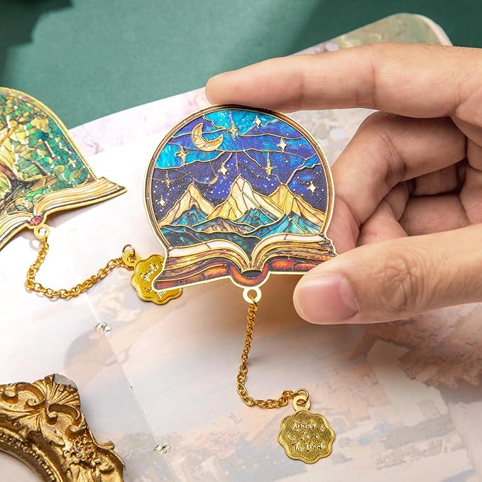 4pcs Metal Bookmarks with Chain, Inspirational Book Marks Set Featuring Books, Mountains, Stars, Forest & River - Perfect Book Markers Gift for Book Lovers, Readers, Kids, Teens, Men, Women, Adults