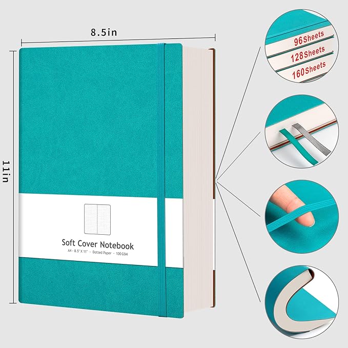 AHGXG Bullet Dotted Journal - Large A4 Notebook Dotted, 8.5''×11'', 320 Pages Dot Grid Notebook, 100gsm Thick Paper, Leather Softcover, with Journal Stencils, Inner Pocket - Cyan
