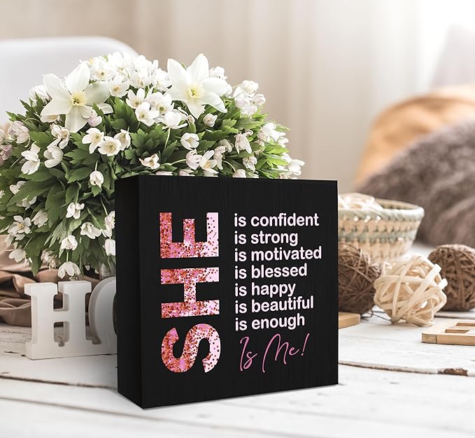 SRADMO Inspirational Woman Affirmation Wood Box Sign, Feminist Gifts, Female Women Empowerment Gifts, Motivational Positive Theme Wooden Block Box Sign Decoration for Home Shelf Table Decor