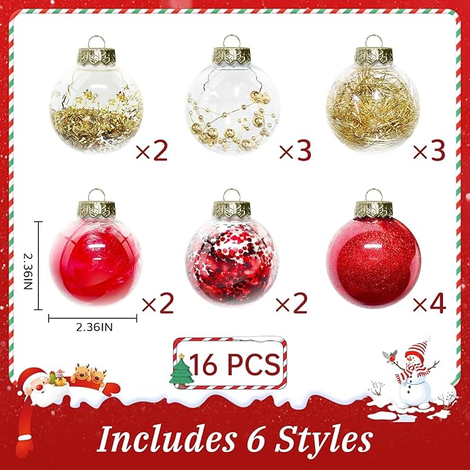 DeckTheHalls Christmas Ball Ornaments Set, 16-Piece Clear Xmas Decor for Crafts, Reusable DIY Festive Tree Decorations, Easy Hang Unbreakable Ornaments for Holiday, Party, Wedding (Red & Gold)