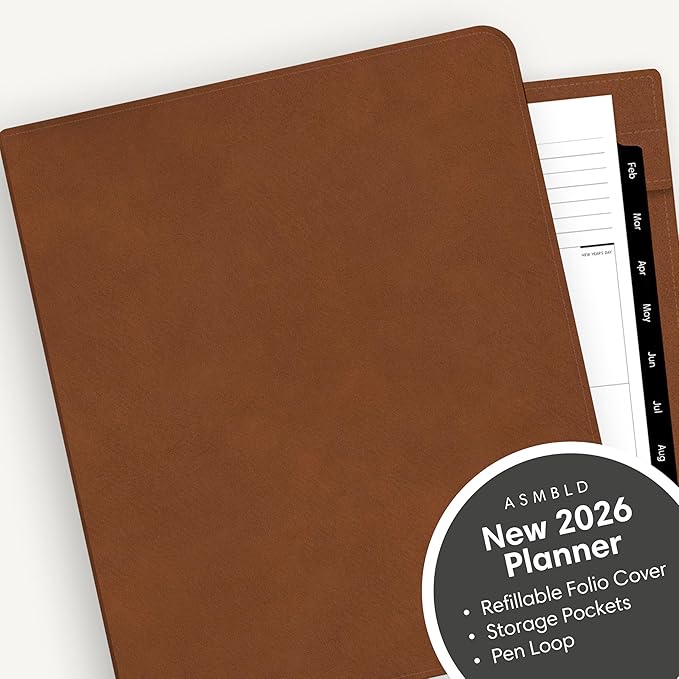 Blue Sky ASMBLD 2026 Weekly and Monthly Planner Calendar, January 2026 - December 2026, 8.5" x 11", Faux Leather Cover, Durable Twin Wire Binding, Storage Pocket, Laminated Tabs, Refillable, Pen Loop, Tan
