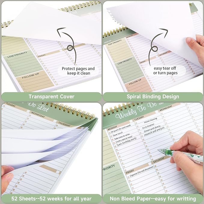 Weekly To Do List Notepad, 8.5''x11'' Weekly Desk Planner with 52 Tear Off Sheets Undated Weekly Planner Habit Tracker & Productivity Organizer for Home School and Work, Light Green