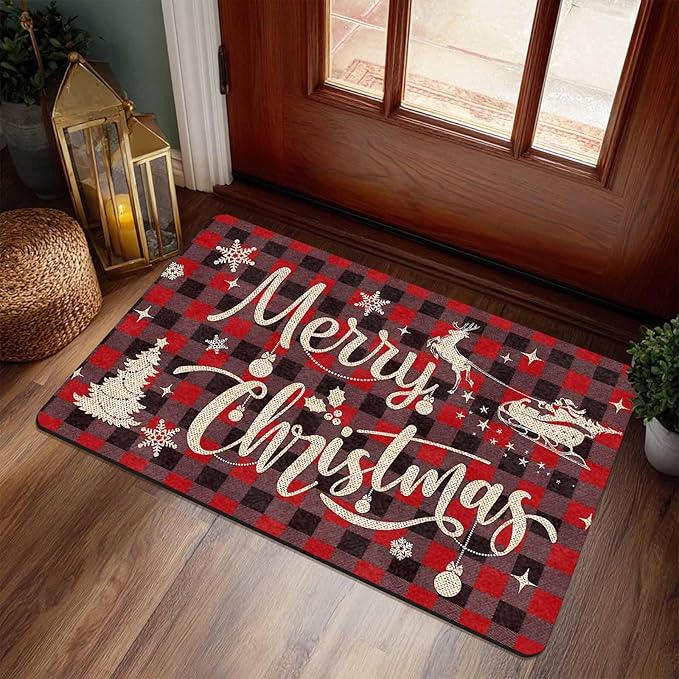 Christmas Front Door Mat Xmas Buffalo Plaid Welcome Doormat Reindeer Santa Claus Floor Mats Outdoor Indoor Area Rug Entry Doormat for Bedroom Living Room Kitchen Nursery, 16" x 24" Inch