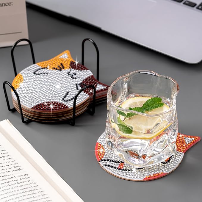 handlish 6 Pieces of Cute cat Diamond Art Coaster with Stand, Adult and Child Diamond Painting Art Set, DIY Diamond Art for Beginners, Family Craft Items (CAT)