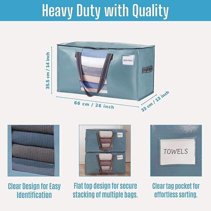 VENO 10 Pack Moving Bags, Comforter and Blanket Storage Bags for Closet, Moving Boxes, Boxes with Lids Alternative, College Dorm Packing Supplies, Foldable Heavy-Duty Tote (Shiny Light Blue, 10 Pack)