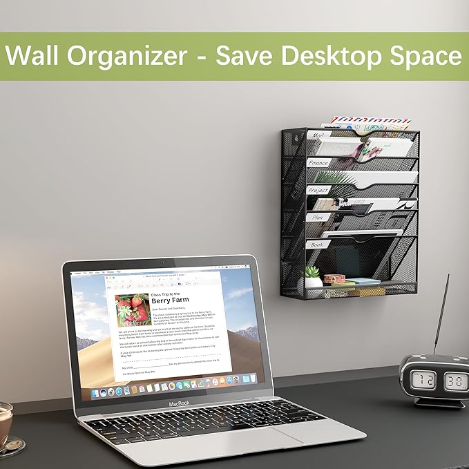 EasyPAG 5-Tier Wall File Holder, Mesh Hanging Folder Organizer with Classify Label, Versatile Desk File Organizer for Office Home, Vertical Wall Mounted Mail Sorter, Sides Closed, Black