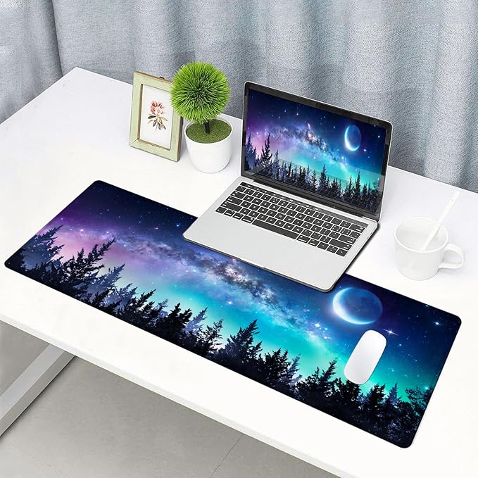 Gaming Large Mouse Pad with Stitched Edges, Galaxy Desk Mat, Extended Keyboard Pad, Non-Slip Rubber Base Desk Pad for Keyboard and Mouse, 31.5X11.8 inch, Moon Starry Sky