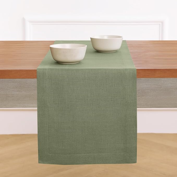 Solino Home Linen Oil Green Table Runner 90 Inches Long - 100% Pure Linen 14 x 90 Inch Table Runner for Fall, Autumn, Thanksgiving - Fete