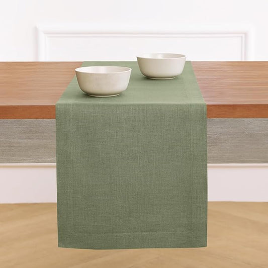 Solino Home Linen Oil Green Table Runner 90 Inches Long - 100% Pure Linen 14 x 90 Inch Table Runner for Fall, Autumn, Thanksgiving - Fete