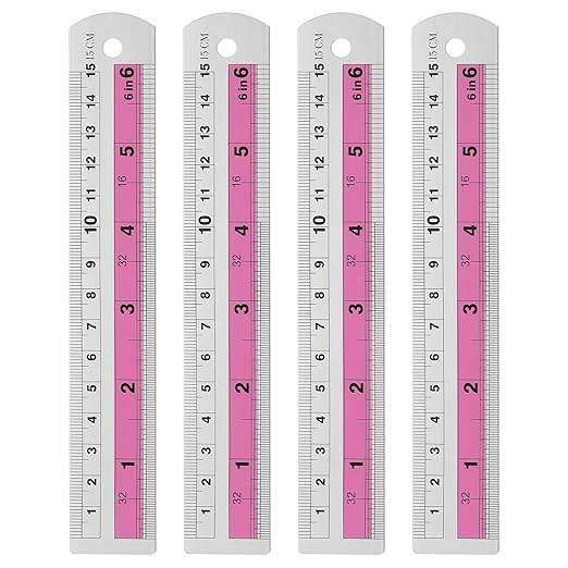 HARFINGTON 4pcs Metal Straight Ruler 15cm Metric SAE Aluminum Alloy Measuring Rulers Scale Tools with Hole for Measure Study Reading Classroom Office, Pink