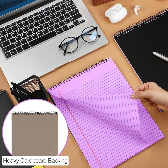 6 Pcs Legal Pad Top Spiral Bound Notebook 70 Sheets Wirebound Notepad Double Sided Ruled Memo Steno Book with Stiff Back Cover for Business(8.5 x 11 Inches,No Holes,Bright Colors)
