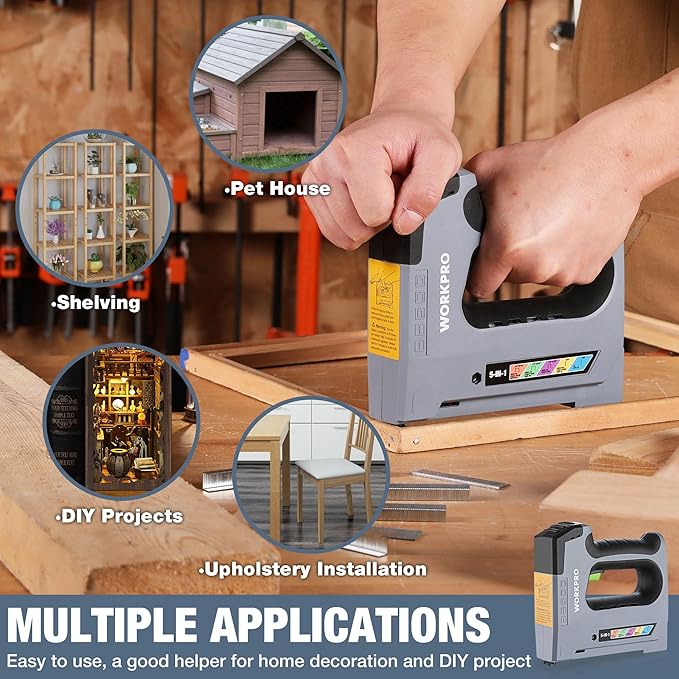 WORKPRO 5 in 1 Cordless Staple Gun, 3.6V Rechargeable Electric Stapler with 2000 Staples and Nails, Upholstery Staple Gun for Wood, Furniture, Office, and DIY Projects
