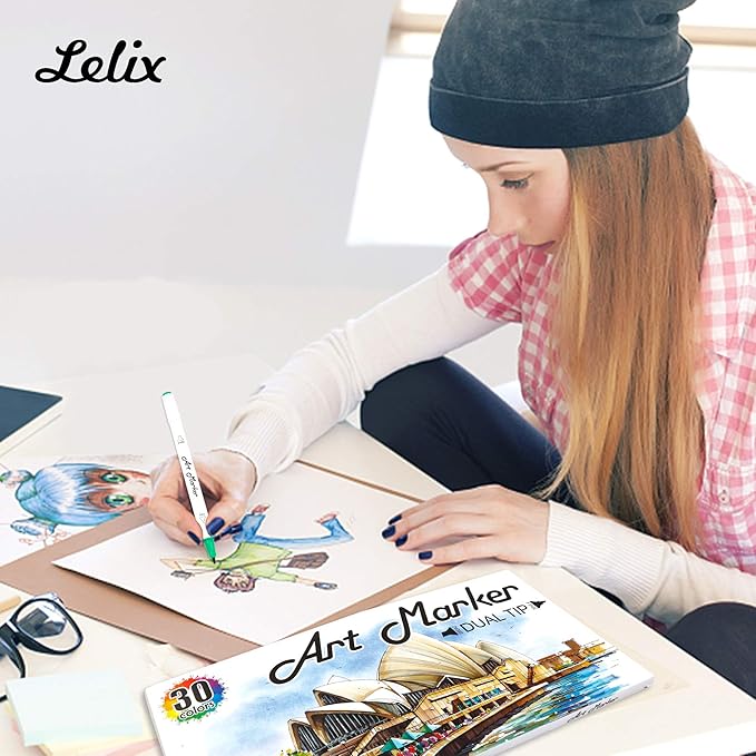 Lelix 30 Colors Art Markers, Dual Tip Permanent Marker Pens Highlighters Perfect for Kids Adults Artist Drawing Sketching Card Making & Coloring Books