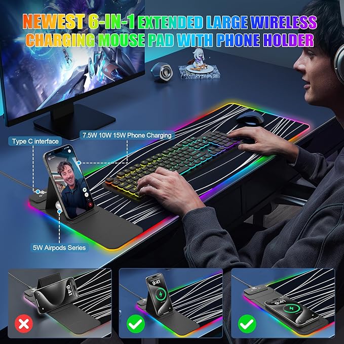 Mouse Pad with Foldable Phone Holder & Wireless Charger, XL RGB Gaming Mousepad 31.5"x11.8" Large Desk Mat for Keyboard, Home Desk Pad with Dual Qi Charging Station | 11 Colors & 5 Modes | Waterproof