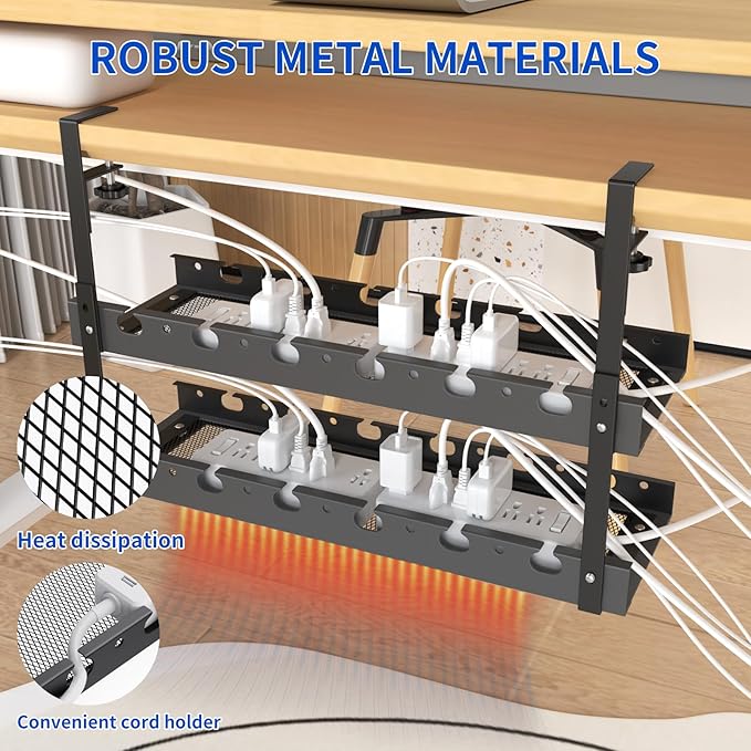 31Inch Extendable Under Desk Cable Management Tray Multi-Model Metal Cable Management Tray Under Desk Cord Management with Clamp Power Strip Cord Holder for Wire Cable Management