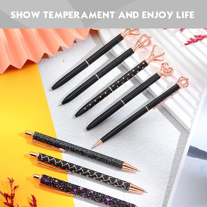 12 Pcs Diamond Pens Metal Liquid Sand Glitter Cute Ballpoint Pen Set Girly Crystal Pen Women Ballpoint Pen Black Ink Ball Point Pen Gift for Women Office Supplies School Wedding Party Desk (Black)
