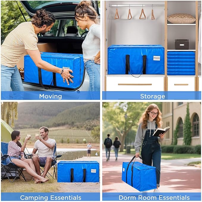 BETU Extra Large Moving Bags Heavy Duty Storage Bags with Zipper Handles, 4 Pack Clothes Storage Totes Bins Packing Moving Boxes, Moving Supplies for College Dorm Essentials, Space Saving, Blue