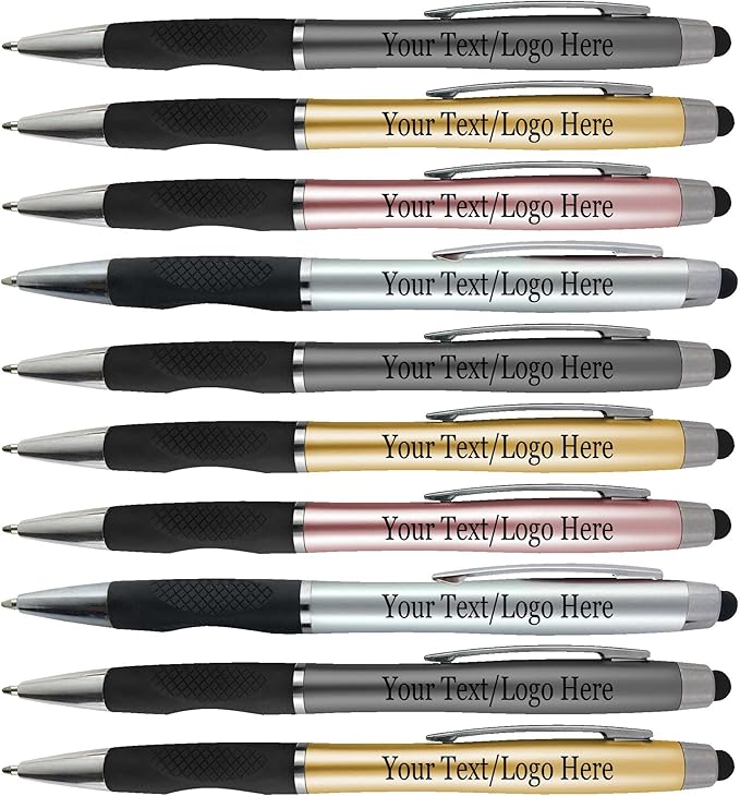 Personalized Pens With your Custom Logo or Text-300 Pack Bulk-for Businesses, Parties, and Events, 2 in 1 Ballpoint Pen + Capacitive Stylus for Touchscreen Devices, Light Assorted Barrels, Blue Ink