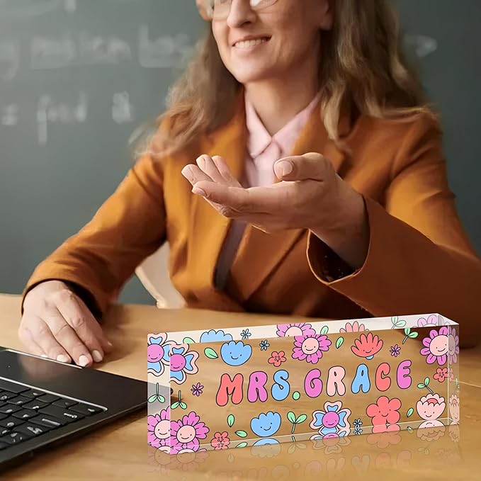 Ship Next Day Personalized Name Plate for Desk, Custom Acrylic Desk Name Sign, Office Appreciation Gifts for Women Men Coworkers Boss Teacher Employee (Teacher)