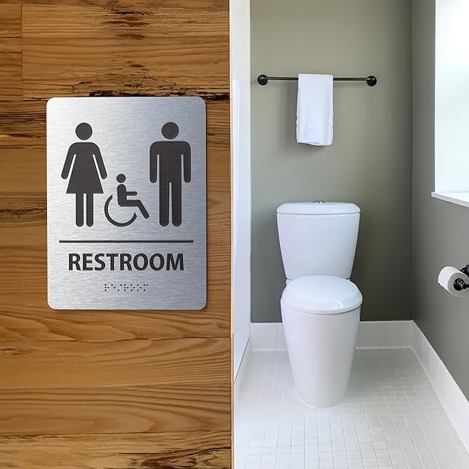 ADA-Mark Modern Restroom Sign for Business - ADA Compliant Braille Bathroom Sign with Easy Installation - 6" W x 8" H