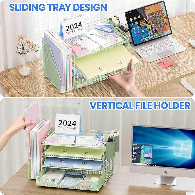 OPNICE Desk Organizer and Accessories, 4-Tier Desktop File Organizer with Drawer and 2 Pen Holders, Office Desk Accessories, File Sorters, Workspace Organizers for Office Supplies(Green)