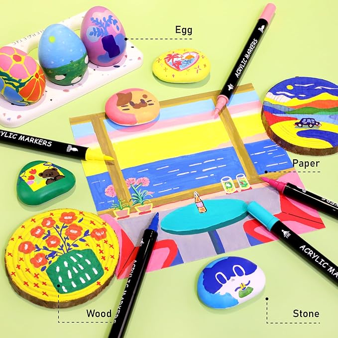 60 Colors Acrylic Paint Markers, Dual Tip with Fine Tip and Brush Tip Pens for Stone, Wood, Calligraphy, Canvas, Ceramic, Metal, Glass, Rock Painting, DIY Crafts Art Supplies Kit