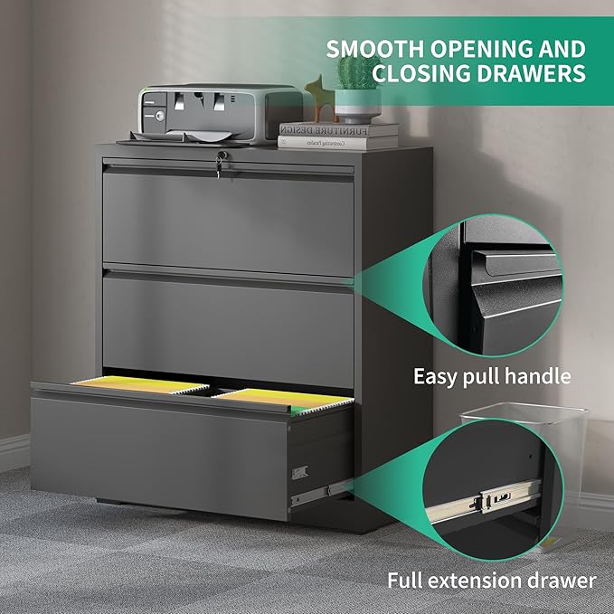 3 Drawer Lateral File Cabinets with Lock,Black Metal Lateral Filing Cabinet for Home Office,Wide Steel Storage Cabinet Commercial Drawer Cabinets for Legal/Letter/A4 Size Files Assembly Required