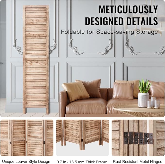VEVOR Wood Room Divider, 6 Panel Wood Folding Privacy Screen, 66.9 Inches Tall Indoor Louvered Partition Divider, Portable Decoration Screen, for Room Separation, Home, Office, Restaurant & Bedroom