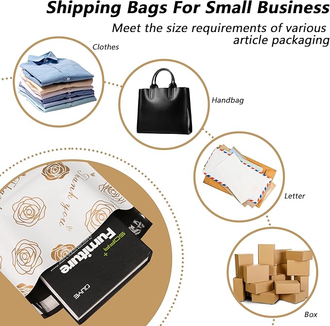Thank You Poly Mailers 14.5x19 Inch 50 Pcs - Gold Rose Printed Shipping Bags for Clothing - Waterproof and Tear Resistant Mailing Envelopes - Self-Sealing Packaging Bags for Small Business