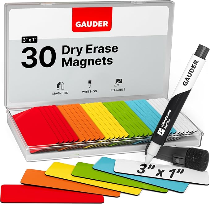 GAUDER Magnetic Labels Writable - Reusable Magnet Tags for Whiteboard, Chalkboard, Kanban Board and Refrigerator - Magnet Cards with Marker (30 Pack - 3 x 1 Inches)