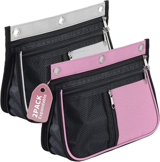 Sooez Expandable Zipper Pencil Pouch for Binder - Large Capacity, 3 Ring, Fabric Pockets - 2 Pack, Grey & Pink