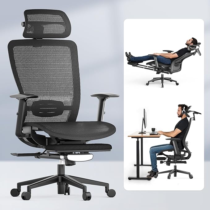 FLEXISPOT Ergonomic Office Chair with Footrest, Mesh High Back Computer Chair, Home Office Desk Chairs, with Adjustable Lumbar Support/4D Headrest/Reliable Base, Breathable Mesh Seat, Black, OC3 AIR-F