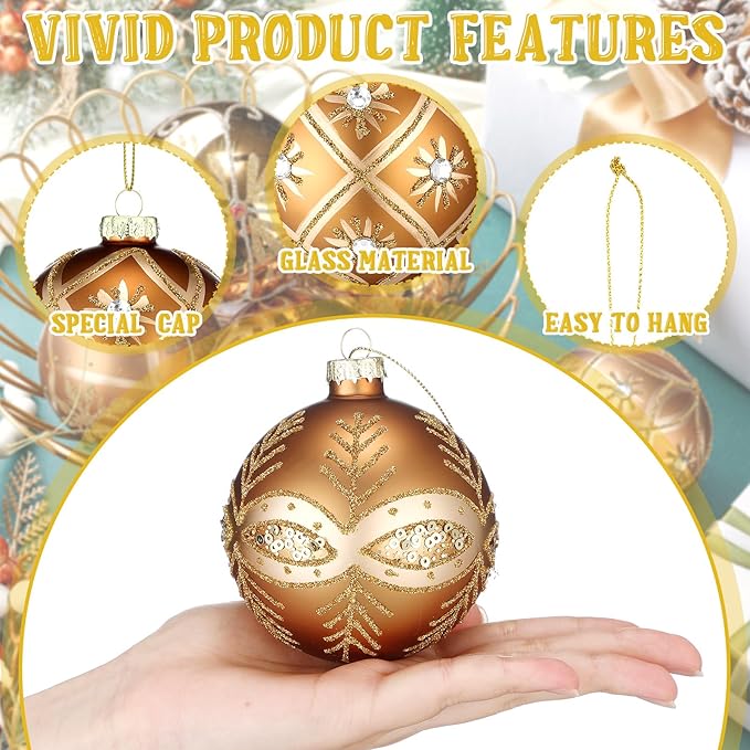 6 Pcs 3.15 Inch Glass Luxury Christmas Ball Bronze and Gold Ball Ornaments Glass Christmas Tree Decorations Luxury Hanging Ornaments for Xmas Tree Party Holiday Decor