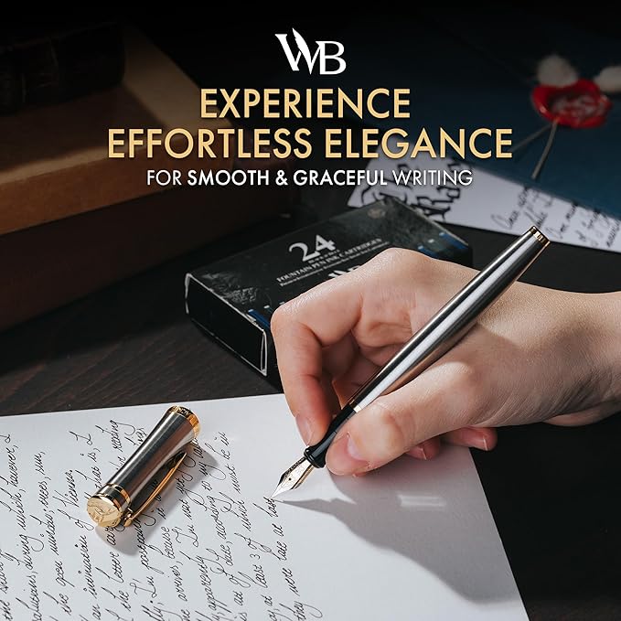 Wordsworth & Black Fountain Pen Set, Medium Nib, Includes 24 Ink Cartridges and Ink Refill Converter, Gift Case, Journaling, Calligraphy, Smooth Writing Pens [Silver Gold], Perfect for Men and Women