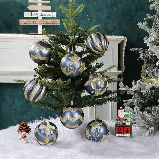 4 Inch Blue Gold Christmas Ornaments, 12Pcs Large Shatterproof Christmas Bulbs Ornaments, Big Christmas Balls Hanging Decorations for Christmas Trees Holiday Parties Malls (Blue & Gold)