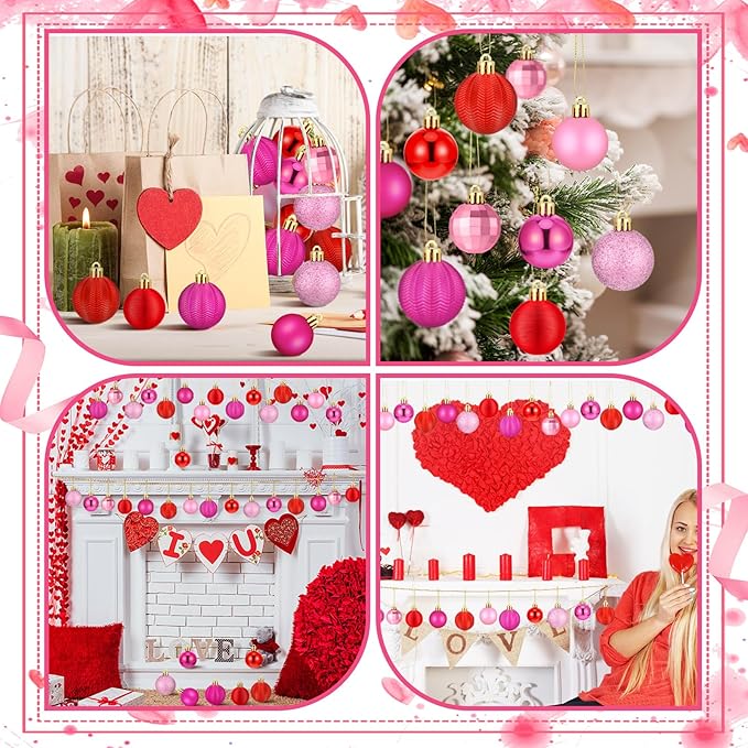 64 Pcs Christmas Ball Ornaments Glitter Red Hot Pink Ornament for Christmas Tree 1.6/1.97/2.4 Inch Shatterproof Assorted Size Xmas Baubles for Home Tree Holiday Party Supplies