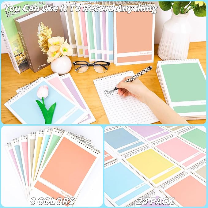 24 Pack Steno Pads 6 x 9 in Spiral Top Notebook Bulk 8 Assorted Color Note Pad 60 Sheets Gregg Rule Writing Paper Steno Notebooks for Students Teachers Men Women Professionals Office School Recording