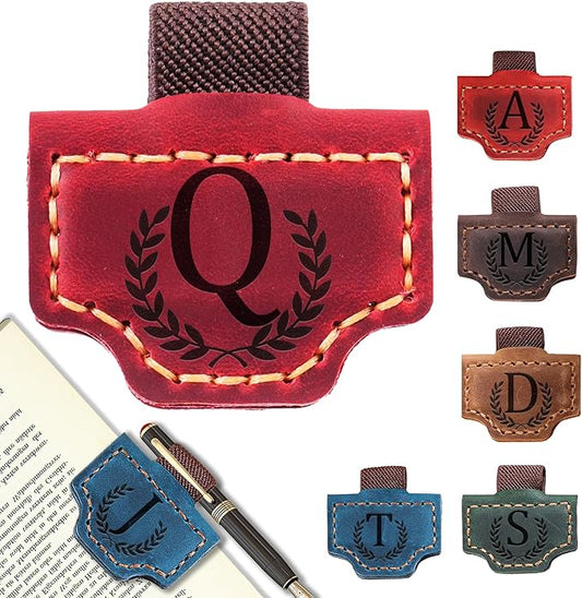 Personalized Bygone Mark Bookmark with Pen Holder, Leather Magnetic Bookmark 26 Letters Name Initial Bookmarks for Readers, Book Lover Gifts for Women Men Notebook Accessories (Red, Q)