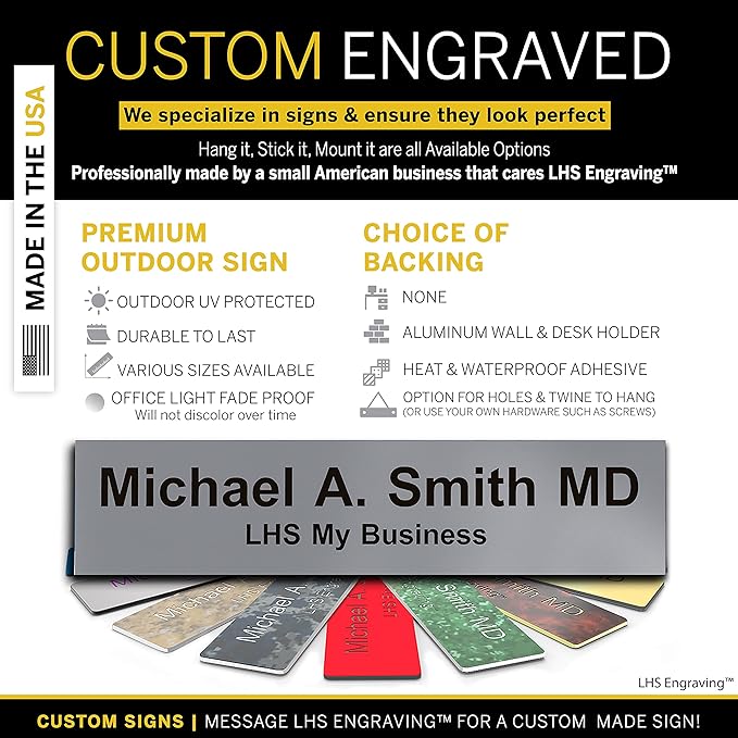 Door Name Plate Personalized for Office Gray Plastic Name Plate Black Letters - Made in USA 2x10 B8