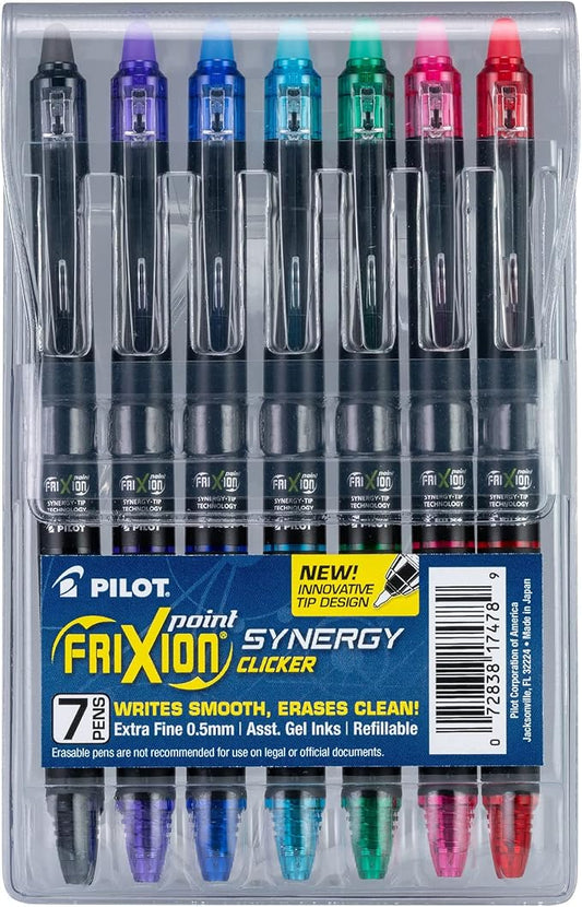 Pilot, FriXion Synergy Clicker Erasable, Refillable, Retractable Gel Ink Pens, Extra Fine Point 0.5 mm, Pack of 7, Assorted Colors