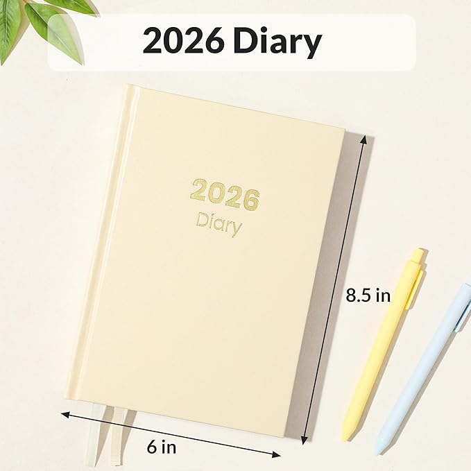 SUNEE 2026 Diary Journal Hardcover - Daily Planner Organizer for Work & School - Daily Page Layout with Holidays, Notes, Contacts - Agenda for Women & Men, Beige